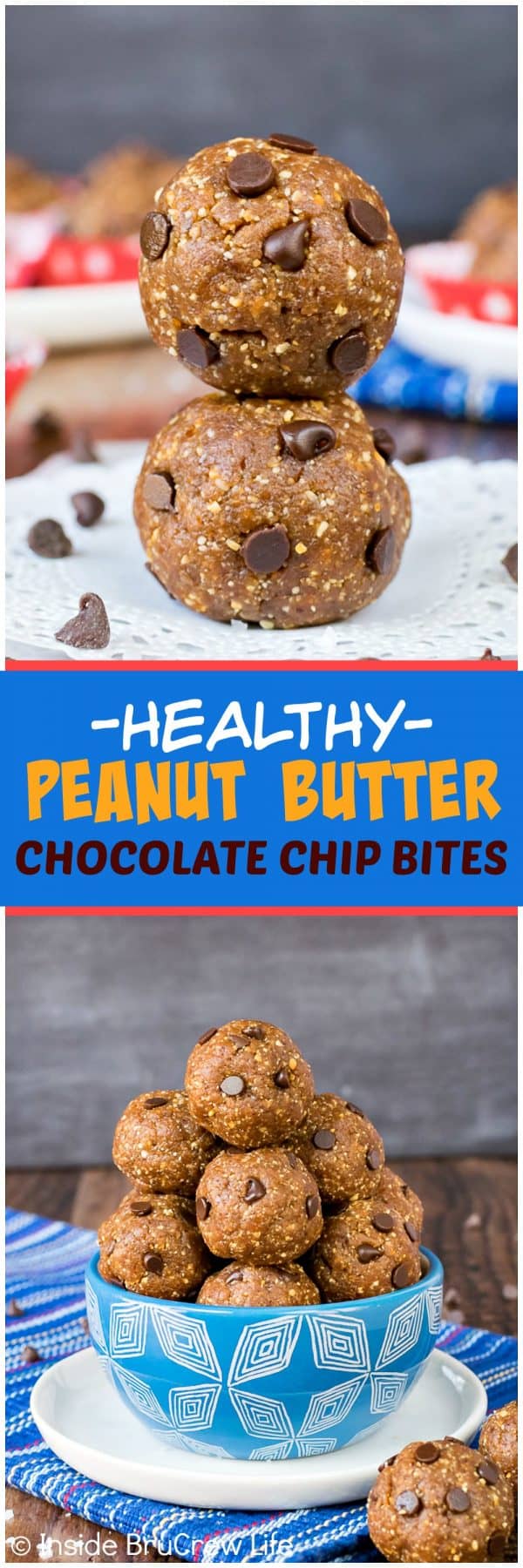 Healthy Peanut Butter Chocolate Chip Bites - you are only 4 ingredients and 10 minutes away from having these healthy little energy bites in your refrigerator. Great recipe to keep on hand when you need a sweet yet healthy snack. #nobake #healthysnack #peanutbutter #chocolate #energybites #sweettreat #homemade #healthy 