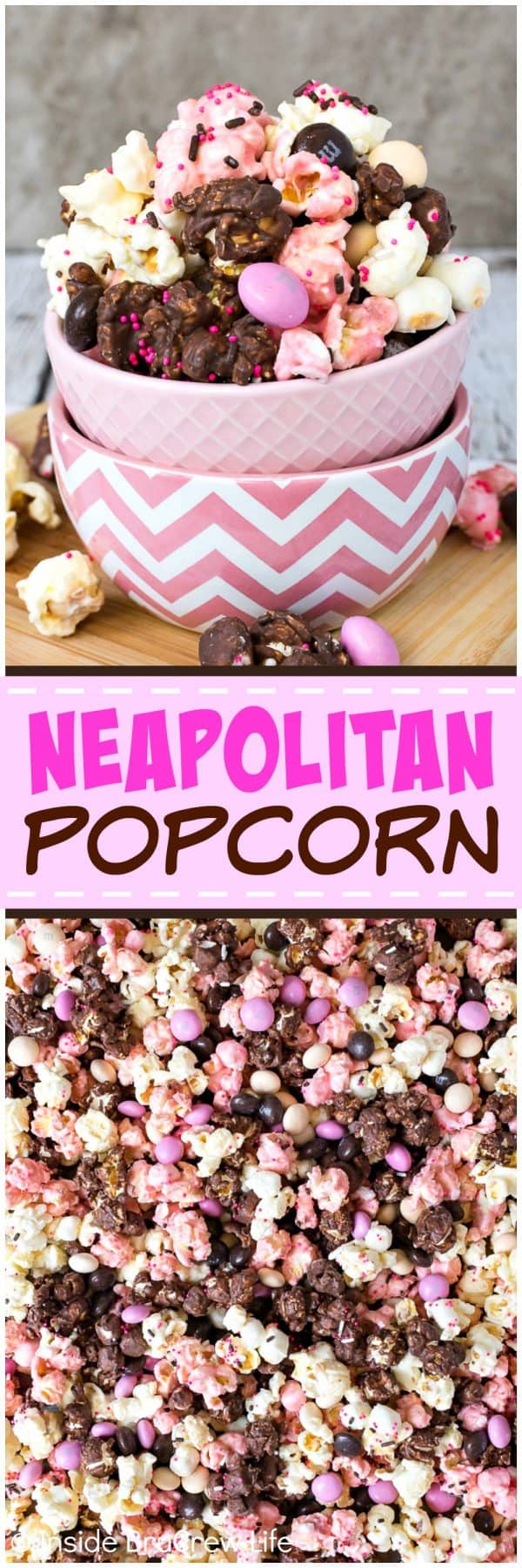 Neapolitan Popcorn - this easy no bake snack mix is coated in chocolate, vanilla, and strawberry chocolate and loaded with chocolate candies. Easy no bake snack mix recipe to make for movie nights or parties. #popcorn #chocolate #strawberry #nobake #snackmix #neapolitan 