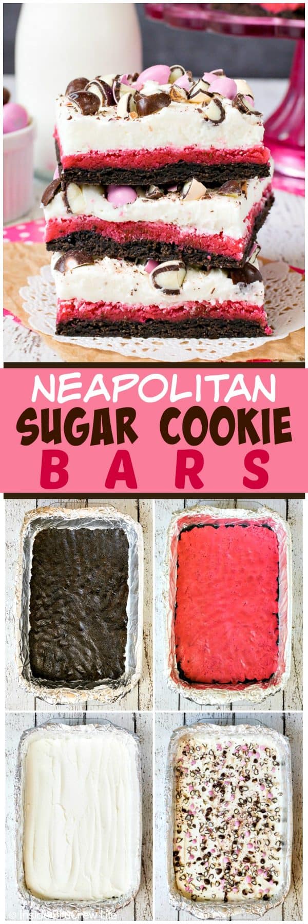 Neapolitan Sugar Cookie Bars - layers of chocolate and strawberry cookies topped with vanilla frosting and candies make these a fun dessert. Great recipe to make for parties and picnics. #cookies #chocolate #strawberry #vanilla #sugarcookies #easydesserts #barcookies