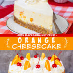 Two slices of orange cheesecake collaged with an orange text box.