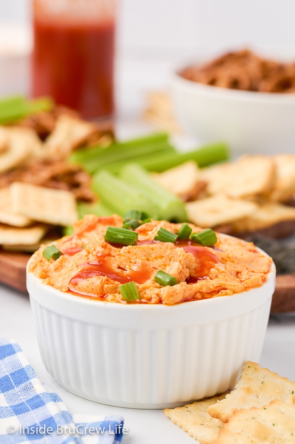 A white bowl filled with spicy cheese dip.