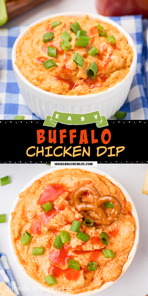 Two pictures of buffalo chicken dip collaged together with a black text box.