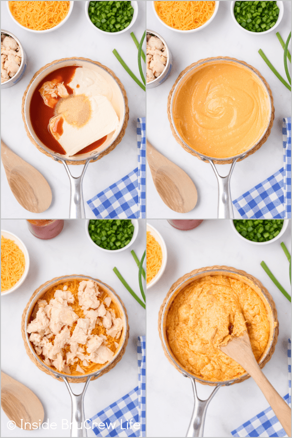 Four pictures collaged together showing how to make a spicy cheese and chicken dip.