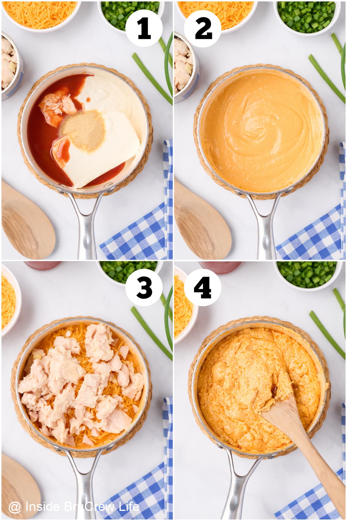 Four pictures collaged together showing how to make an easy chicken dip.