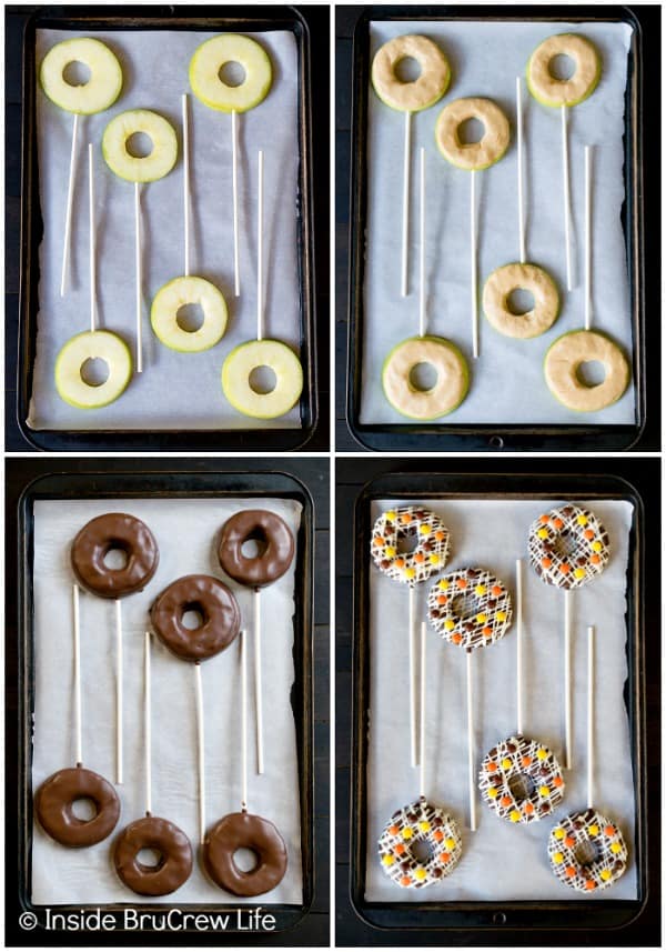 Chocolate Covered Peanut Butter Apple Rings - apple rings with a creamy peanut butter filling and dipped in chocolate makes an awesome no bake snack. Make a fun bouquet with the apple ring pops. #apple #peanutbutter #reesespieces #crunchpak #sponsored #mothersday #nobake #applerings #chocolate 