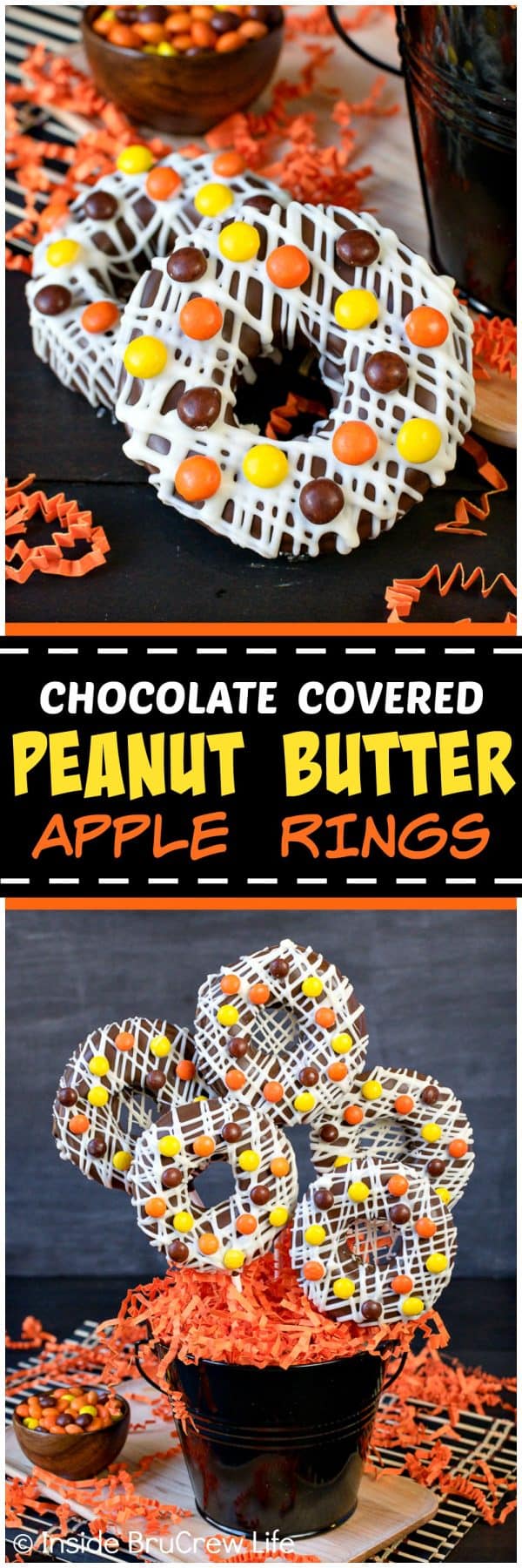 Chocolate Covered Peanut Butter Apple Rings - apple rings with a creamy peanut butter filling and dipped in chocolate with candies are a fun snack for after school or dessert. Make this easy no bake recipe into a bouquet for parties or events. #apple #peanutbutter #reesespieces #crunchpak #sponsored #mothersday #nobake #applerings #chocolate 