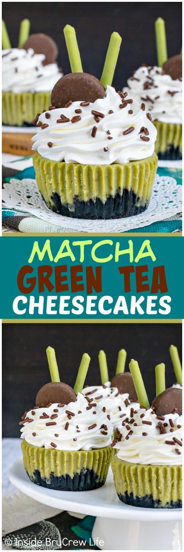 Matcha Green Tea Cheesecakes - a chocolate cookie crust and sweet green tea flavor in these mini cheesecakes is delicious on a hot sunny day. Make this easy recipe for summer picnics! #cheesecake #matcha #greentea #minidesserts #summer #picnic #recipe