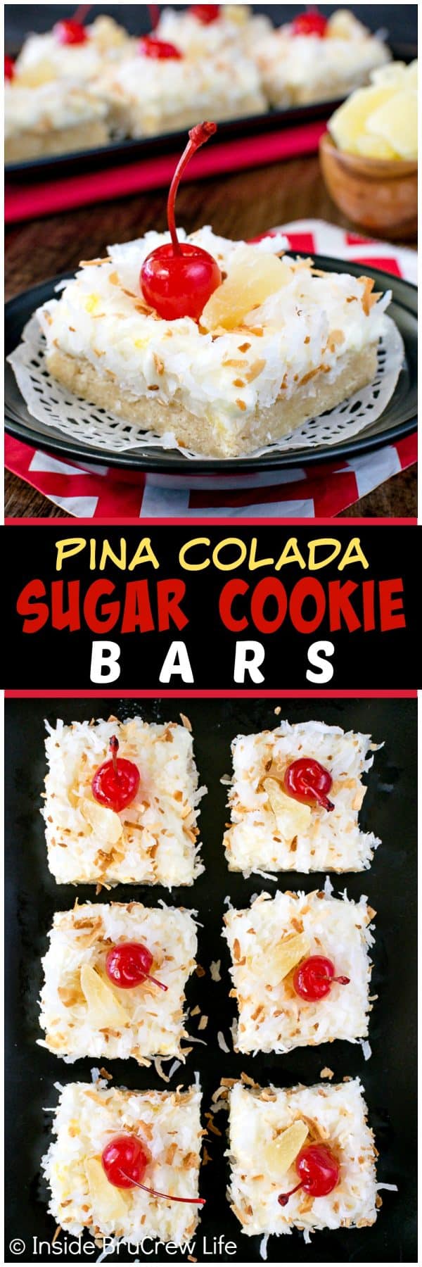 Pina Colada Sugar Cookie Bars - chewy coconut sugar cookie bars topped with a sweet pineapple frosting and more coconut. Make this easy recipe for summer parties and picnics. #sugarcookiebars #easy #dessert #frosting #pinacolada #pineapple #coconut #barcookies #bakesale