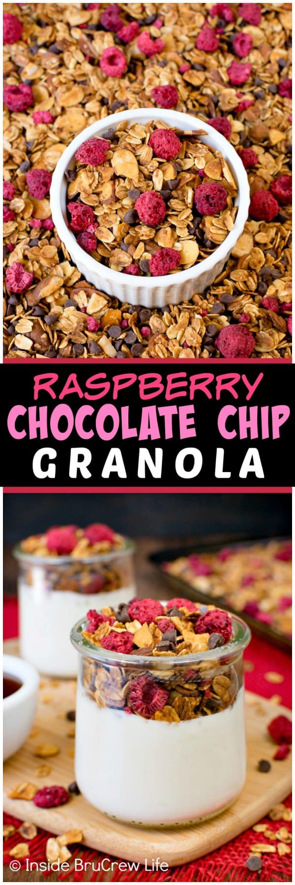 Raspberry Chocolate Chip Granola - this easy homemade granola is full of chocolate chips, raspberries, and almonds. Make this granola for cereal or yogurt parfaits. #breakfast #granola #homemade #healthy #raspberry #chocolate #cereal #parfaits #yogurt