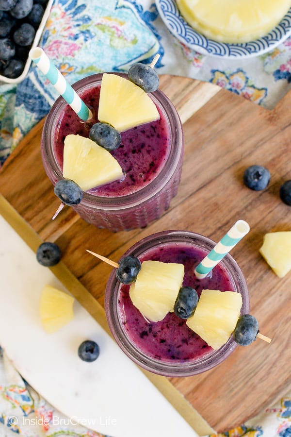 Blueberry Pineapple Slushies - enjoy these easy fruit slushies on hot summer days. Make this recipe with just three ingredients! #fruitslushies #homemade #easy #recipe #blueberry #ad #pineapple #frozendrinks