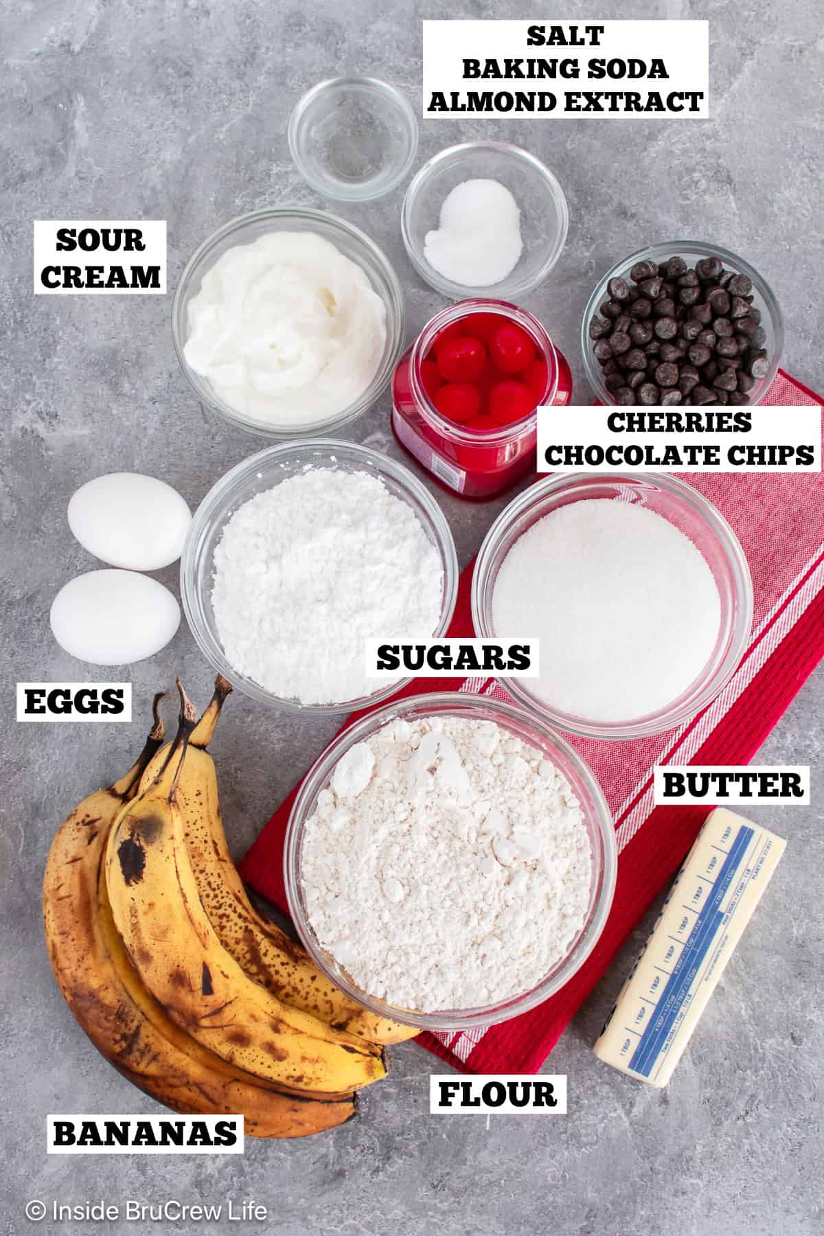 Chocolate cherry banana bread ingredients with text labels.