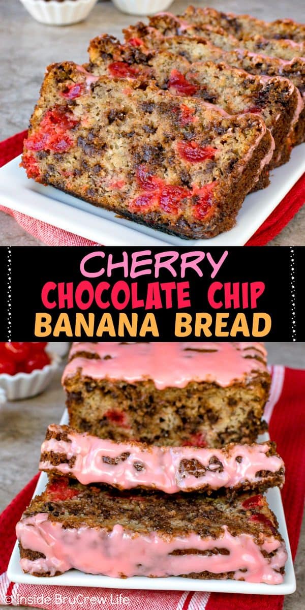 Two pictures of cherry banana bread with a black text box.