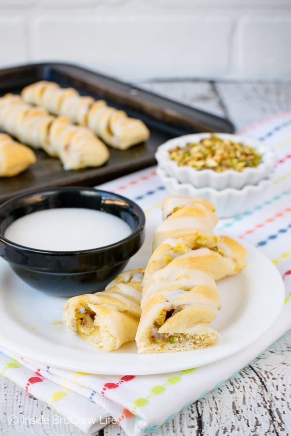 Lemon Pistachio Crescent Twists - an easy three ingredient pastry filled with lemon and pistachios. Make this easy recipe ahead of time for breakfast or after school snacks. #pastry #lemon #pistachios #breakfast #afterschoolsnacks #recipe