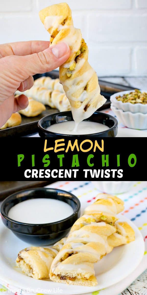 Lemon Pistachio Crescent Twists - this easy three ingredient pastry is filled with lemon and pistachios. Make this easy recipe ahead of time for breakfast or after school snacks. #pastry #lemon #pistachios #breakfast #afterschoolsnacks #recipe