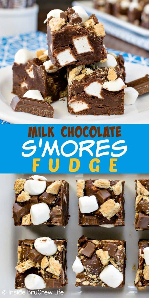 Two pictures of s'mores fudge collaged together with a blue text box.