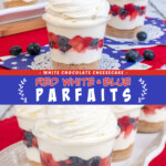 Two pictures of cheesecake parfaits layered with red and blue fruit.