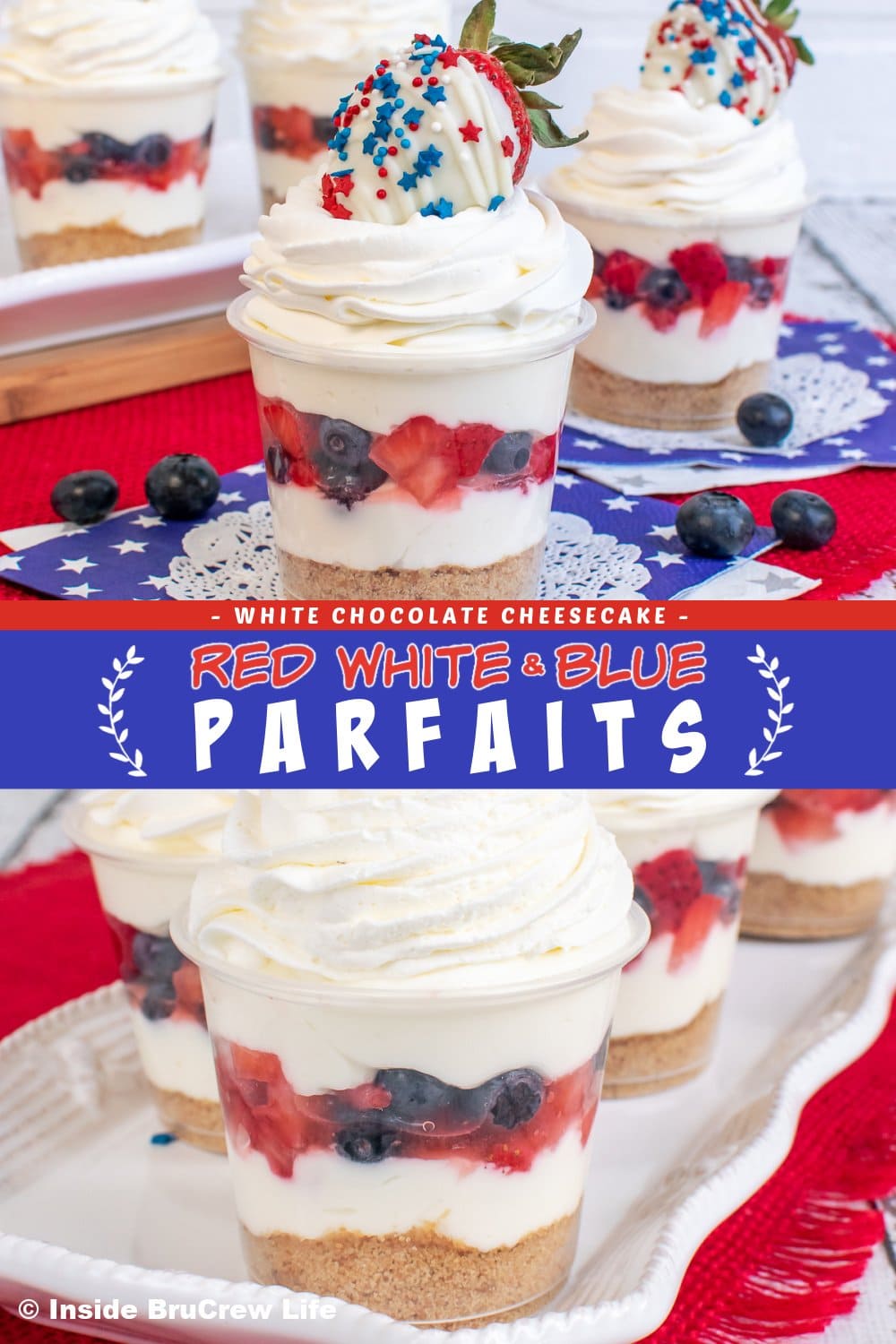 Two pictures of cheesecake parfaits layered with red and blue fruit.