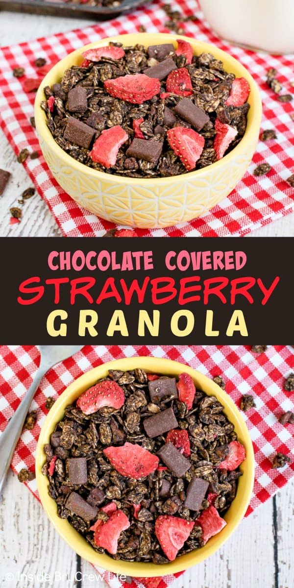 Chocolate Covered Strawberry Granola - chocolate chunks and strawberries make this homemade chocolate granola so delicious. It's great with milk or yogurt. Try this easy recipe for breakfast or an afternoon snack! #homemade #chocolate #breakfast #snackmix #strawberry #afterschoolsnack #healthy #healthysnack