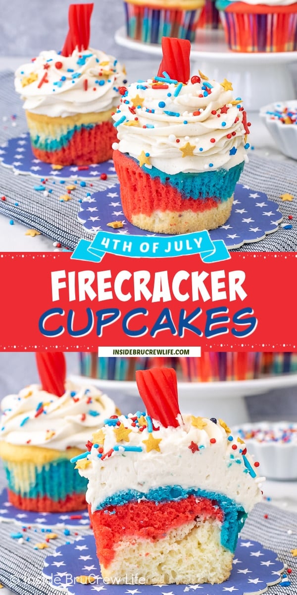 Two pictures of Firecracker Cupcakes collaged together with a red text box.