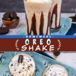 Two pictures of an Oreo shake collaged together with a brown text box.