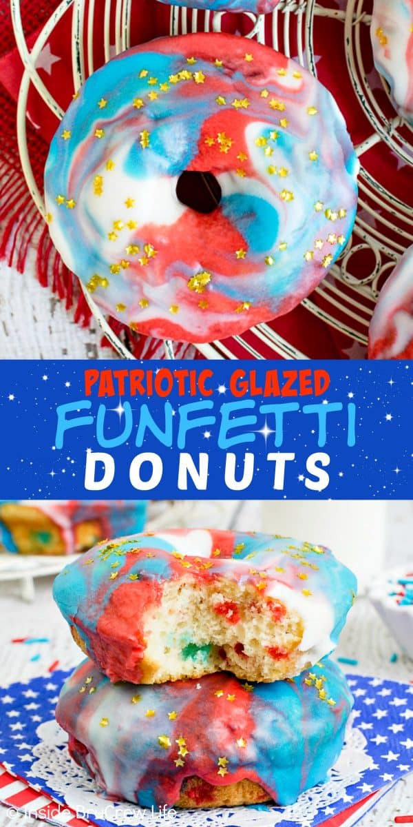 Patriotic Glazed Funfetti Donuts - gold star sprinkles and the red, white, and blue glaze on these baked donuts make them a pretty treat for the 4th of July. Try this easy recipe for summer breakfasts. #donuts #homemade #funfetti #redwhiteandblue #galaxydonuts #patriotic #4thofJuly #summer