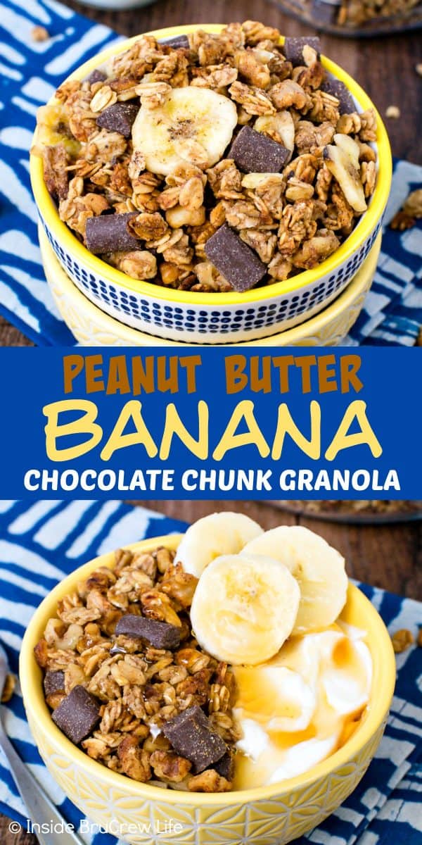 Peanut Butter Banana Chocolate Chunk Granola - this batch of homemade granola is loaded with peanut butter, banana, and chocolate. Make this easy recipe for a quick breakfast or afternoon snack. #homemade #granola #banana #chocolate #peanutbutter #breakfast #snackmix #snacking