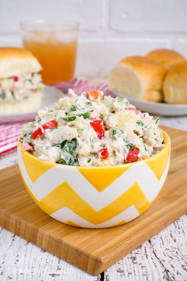 Hawaiian Chicken Salad - adding juicy fruit, crunchy nuts, and spicy peppers creates a delicious chicken salad that everyone goes crazy for. Make this easy healthy recipe for potlucks and picnics! #chicken #salad #healthy #dinner #picnicfood #easy #recipe #pineapple