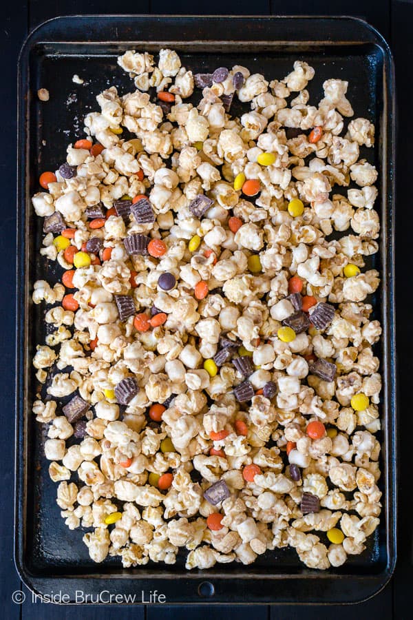 Salted Caramel Reese's Popcorn - two kinds of Reese's candies and sea salt give this caramel popcorn a sweet and salty flair. Try this snack mix recipe for your next movie night! #popcorn #saltedcaramel #peanutbuttercups #reesespieces #snackmix #nobake #sweetandsalty