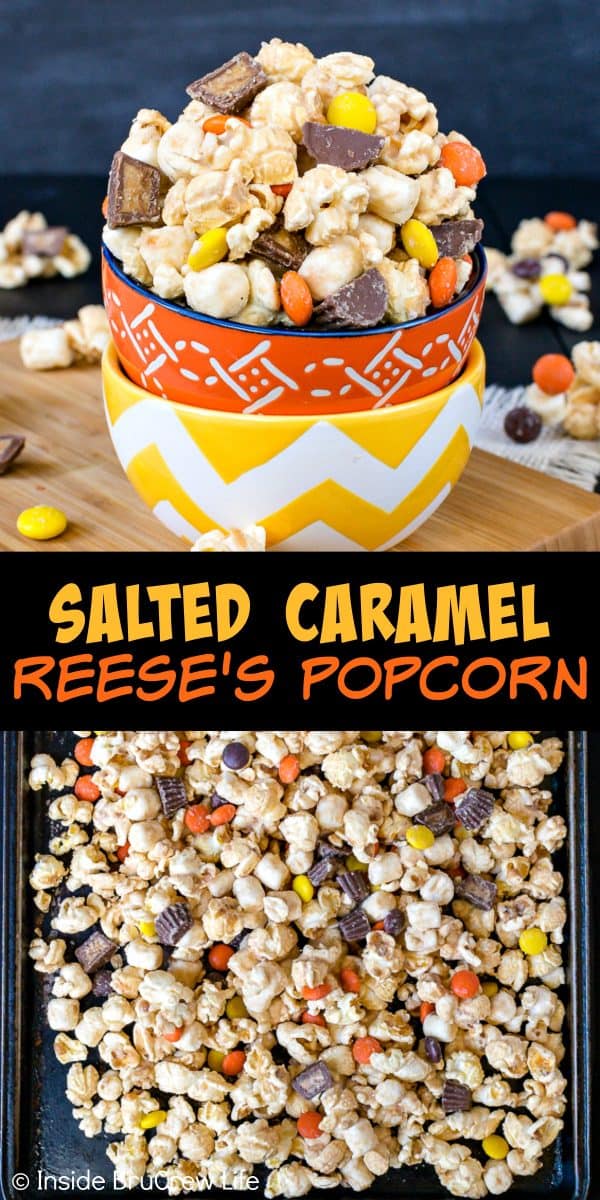 Salted Caramel Reese's Popcorn - this easy snack mix is coated in caramel chips and loaded with two kinds of Reese's candies. Sea salt gives is a great sweet and salty flavor. Try this recipe for your next movie night! #popcorn #saltedcaramel #peanutbuttercups #reesespieces #snackmix #nobake #sweetandsalty