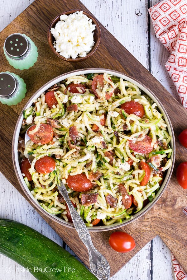 BLT Zucchini Salad - crispy bacon, juicy tomatoes, and raw zucchini make this low carb salad a delicious side dish for dinner. #zucchini #salad #blt #bacon #sidedish #healthy #leanandgreen #lowcarb 