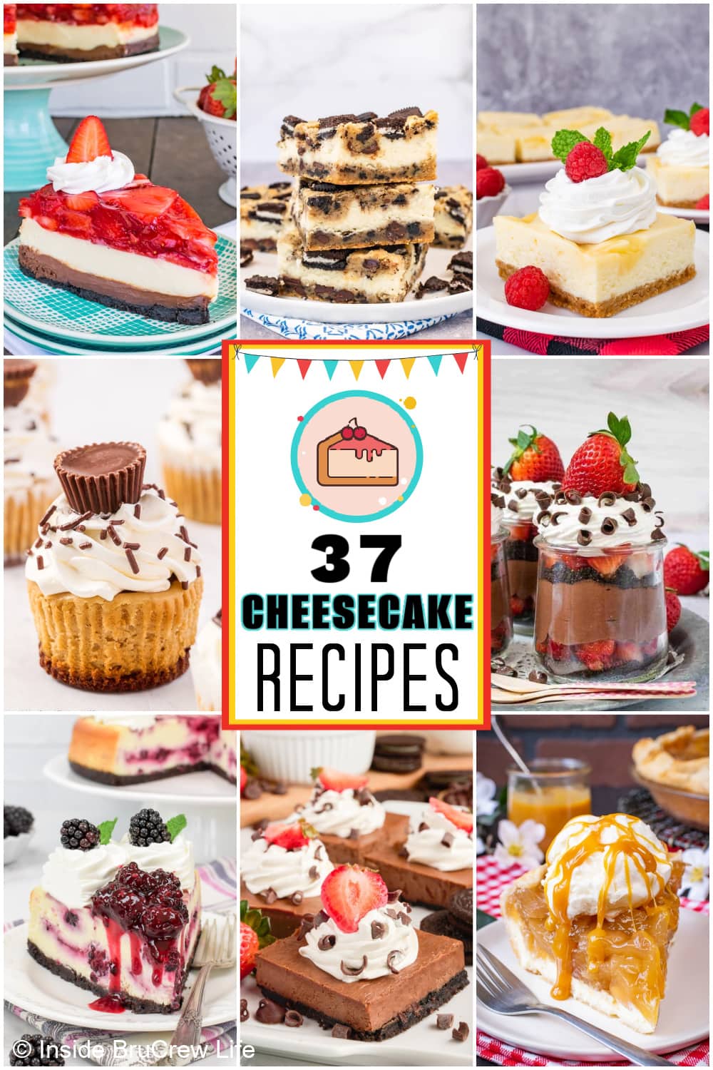 Nine cheesecake pictures collaged with a fun text box.