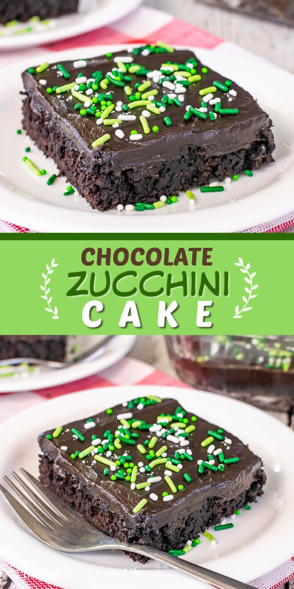 Two pictures of Chocolate Zucchini Cake collaged together with a green text box