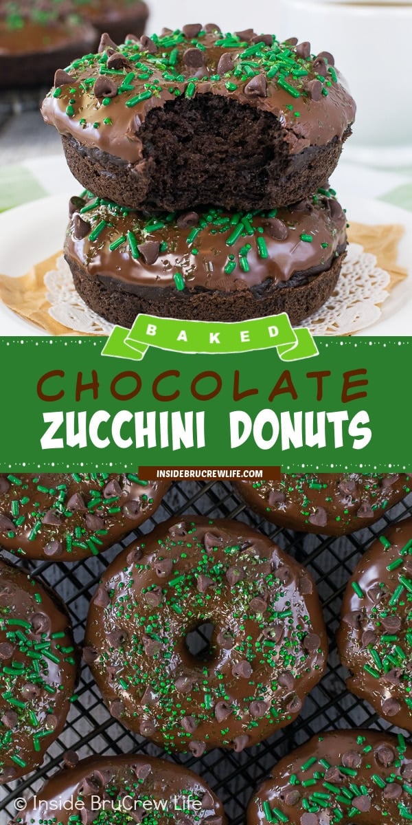 Two pictures of chocolate zucchini donuts collaged together with a green text box.