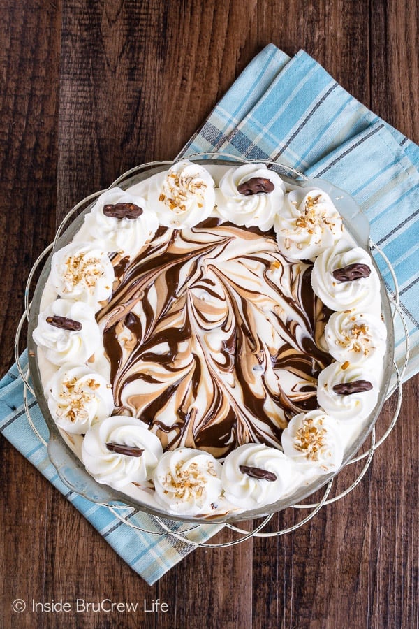 Overhead picture of the swirls of fudge and peanut butter in an ice cream pie.