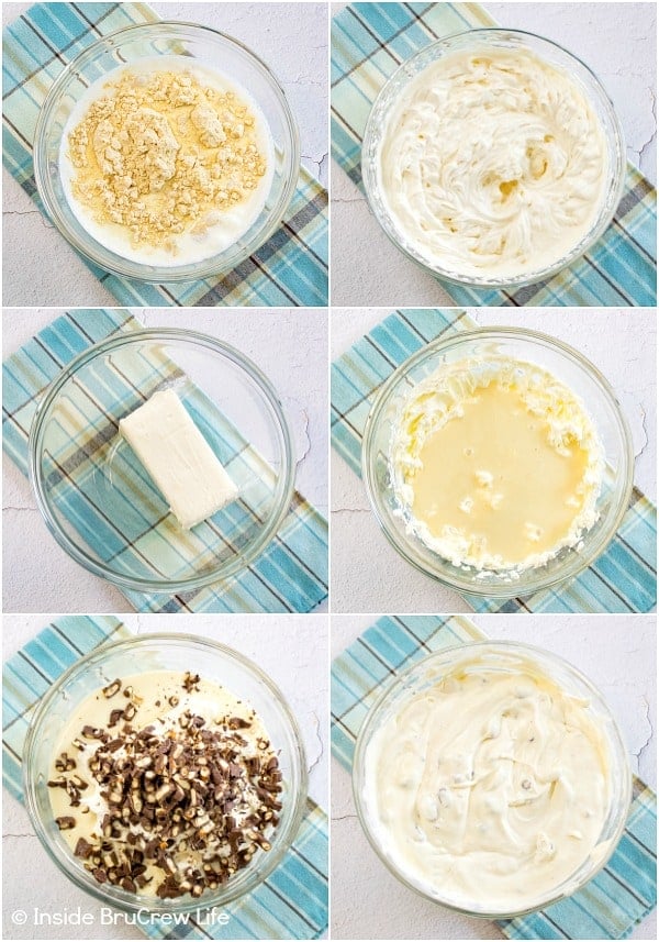 Six pictures collaged together showing how to make the filling for an  ice cream pie.