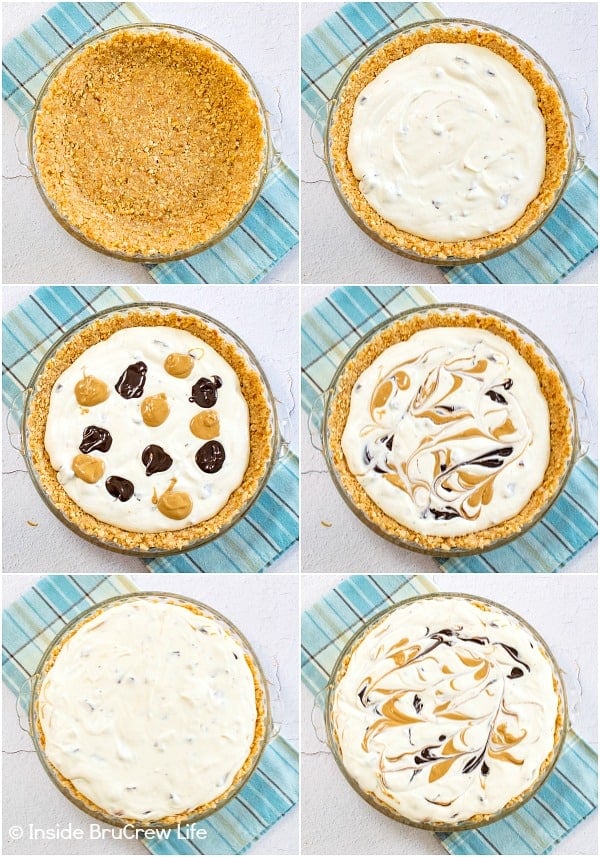 Six pictures showing how to fill and swirl the homemade ice cream and toppings in a chubby hubby ice cream pie.