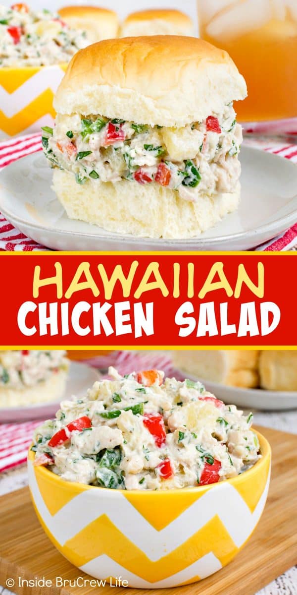 Hawaiian Chicken Salad - this healthy chicken salad is loaded with fruit, nuts, peppers, and Greek yogurt. Try this easy recipe on dinner rolls, salad, or lettuce wraps. #chicken #salad #healthy #dinner #picnicfood #easy #recipe #pineapple