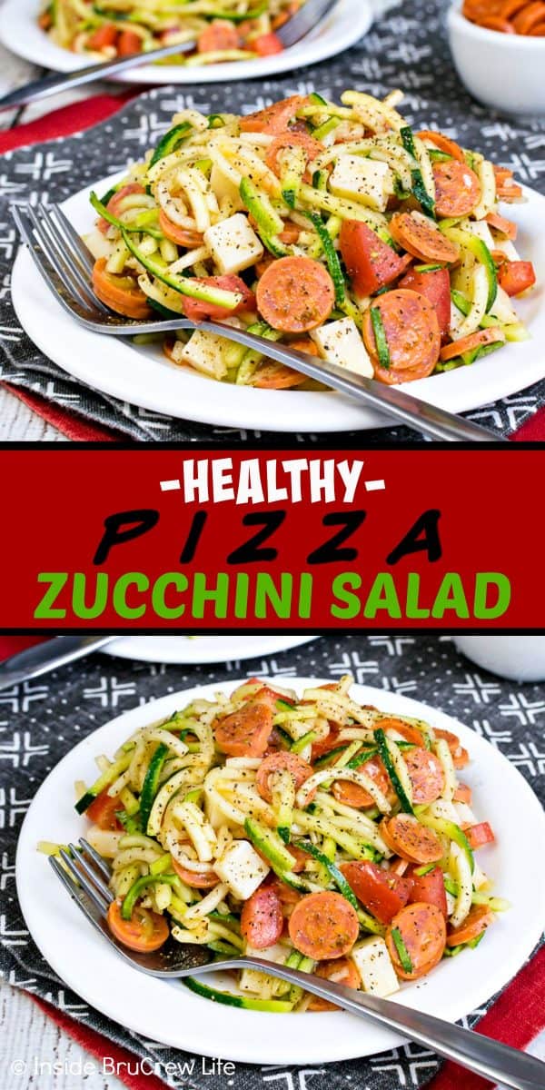 Healthy Pizza Zucchini Salad - zucchini noodles and your favorite pepperoni pizza toppings make this a healthy side dish. Make this easy recipe for summer picnics and barbecues. #zucchini #zoodles #salad #pizza #pepperoni #healthy #leanandgreen #sidedish #picnic