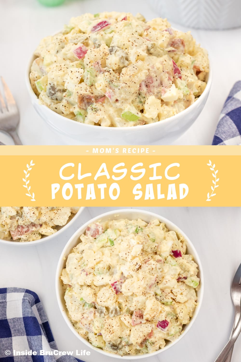 Two pictures of mom's potato salad collaged together with a yellow text box.