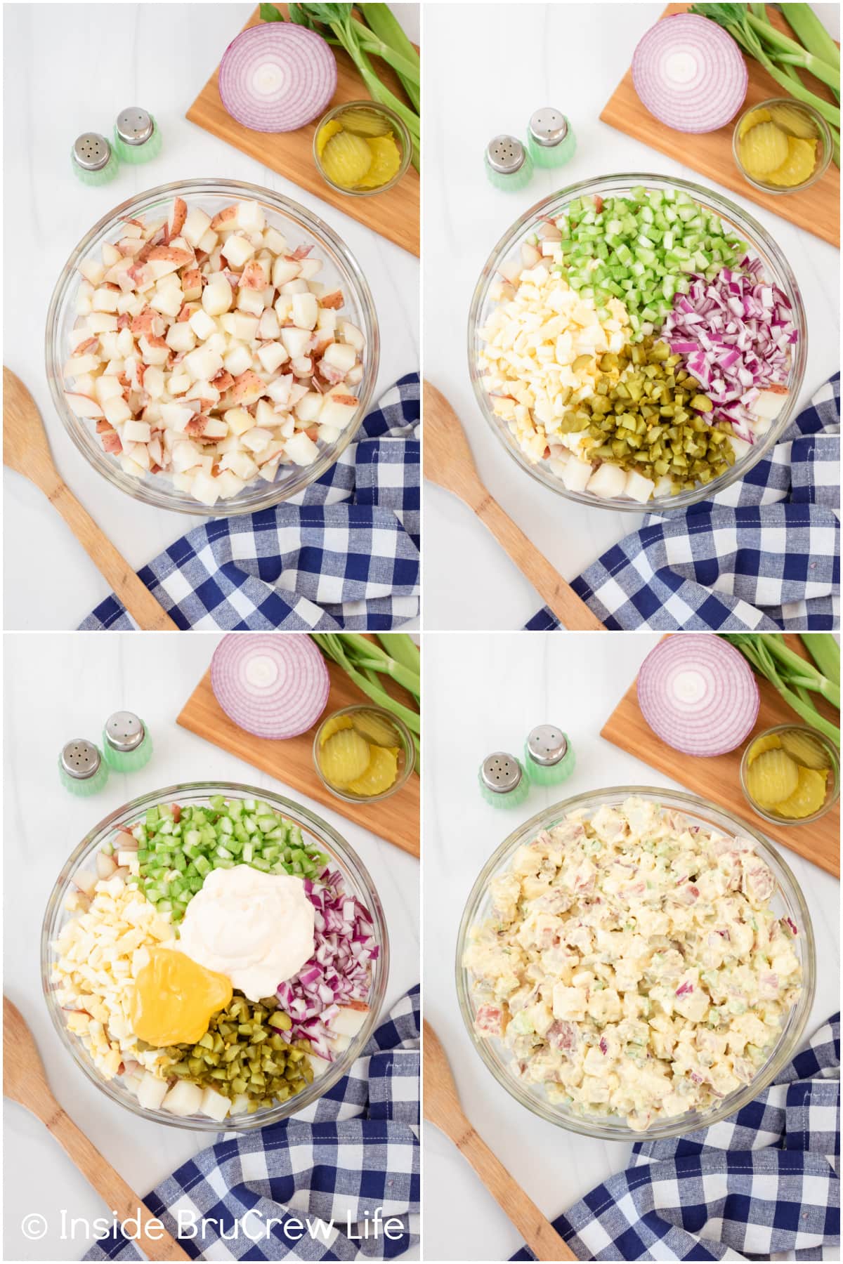Four pictures collaged together showing how to mix up potato salad in a bowl.