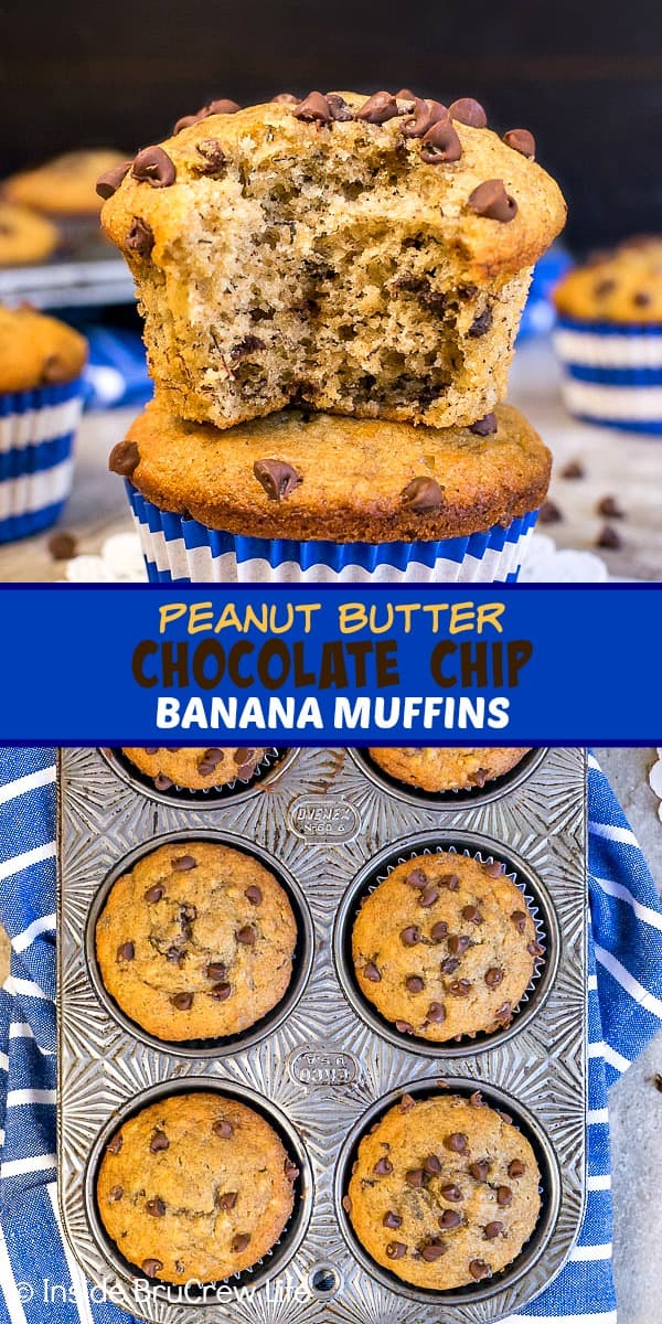 Two pictures of peanut butter chocolate chip banana muffins collaged together with a blue text box.