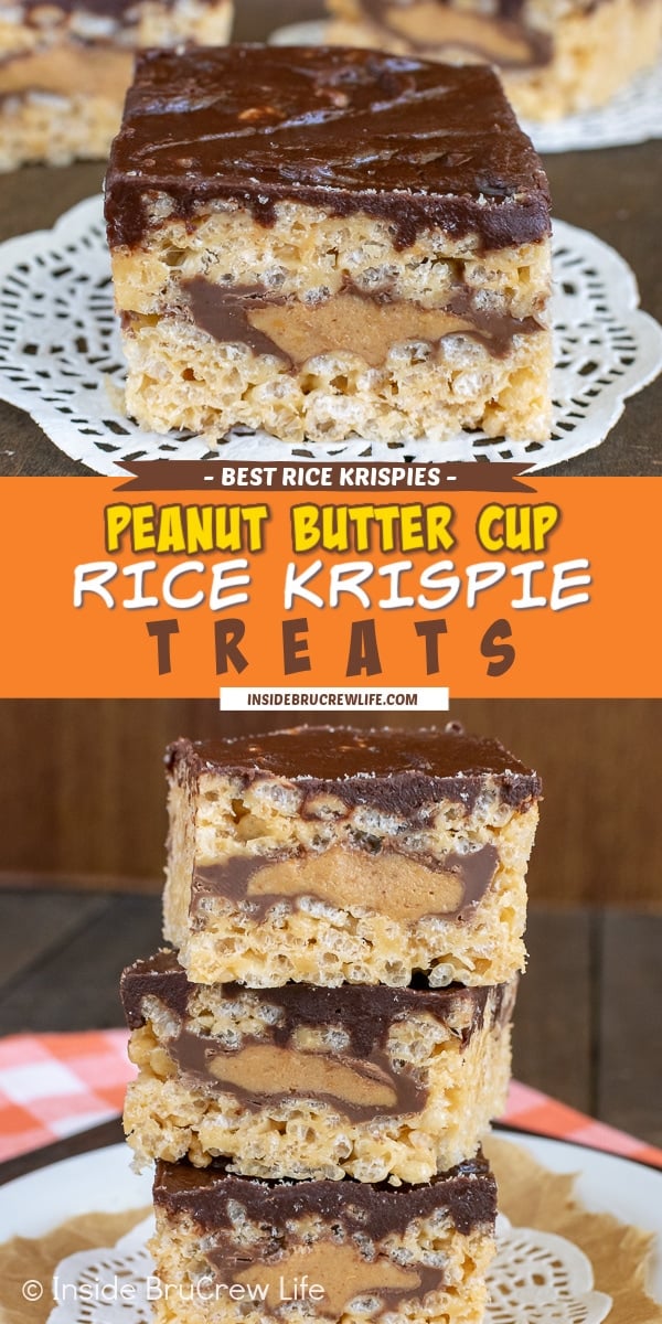 Two pictures of peanut butter cup rice krispie treats collaged together with an orange text box