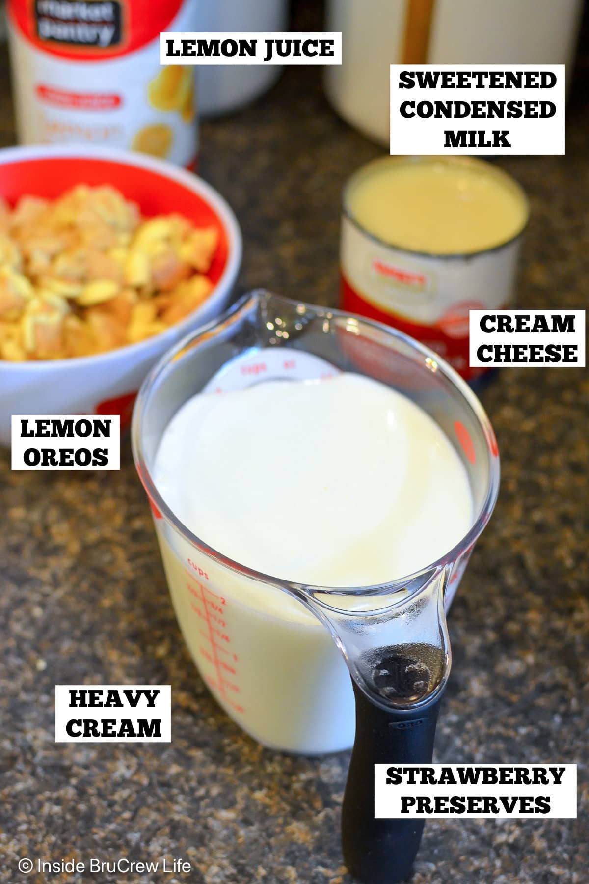 Ingredients needed to make a lemon strawberry no churn ice cream.