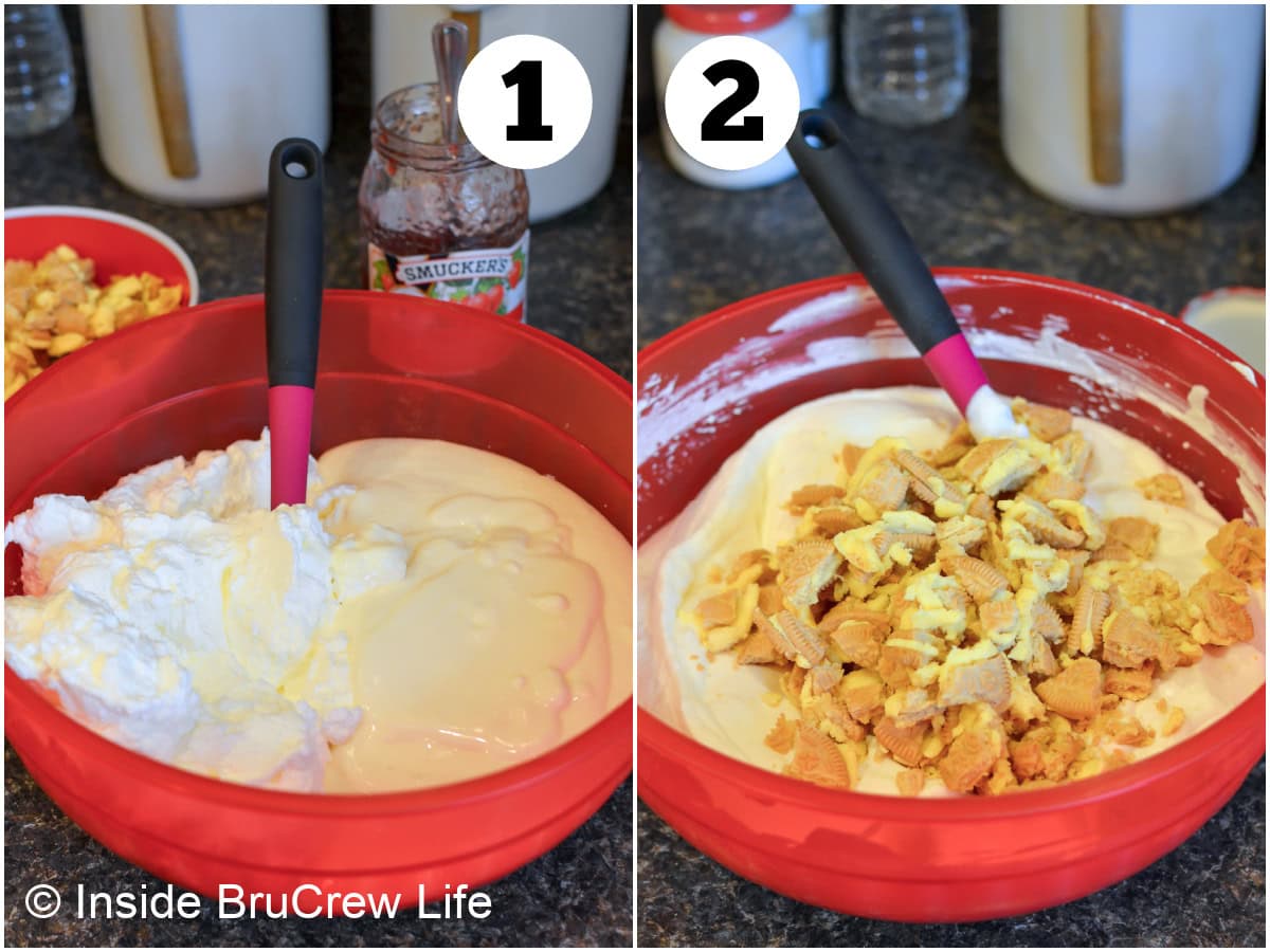Two pictures collaged together showing how to make no churn ice cream.