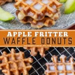 Two pictures of apple fritter waffle donuts collaged with a light brown text box.