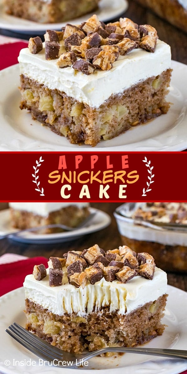 Two pictures of Apple Snickers cake collaged together with a red text box