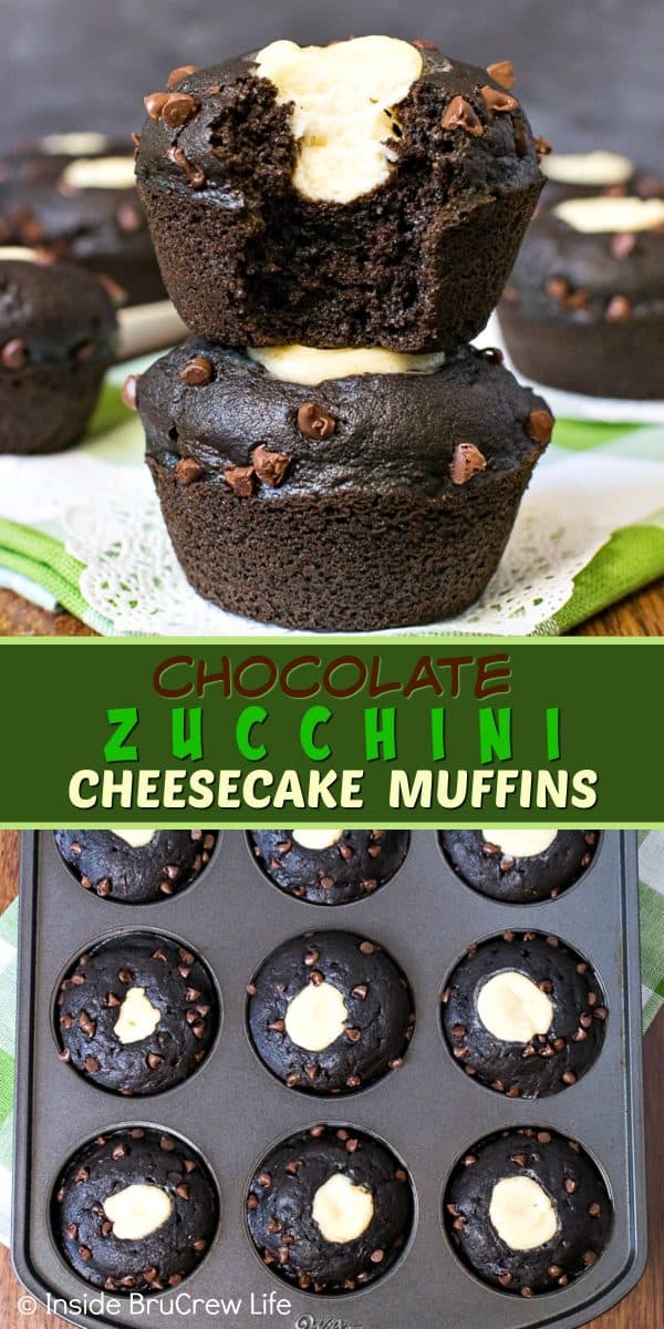 Two pictures of chocolate zucchini cheesecake muffins collaged together with a green text box