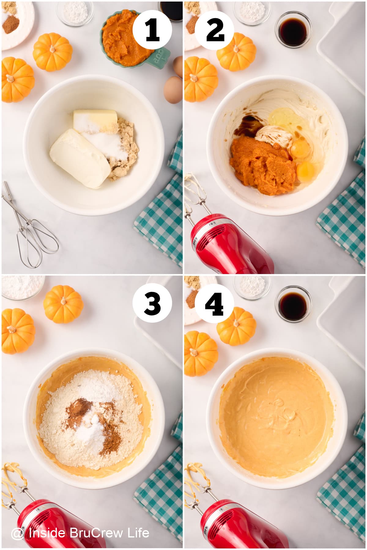 Four pictures collaged together showing how to make pumpkin cake batter.