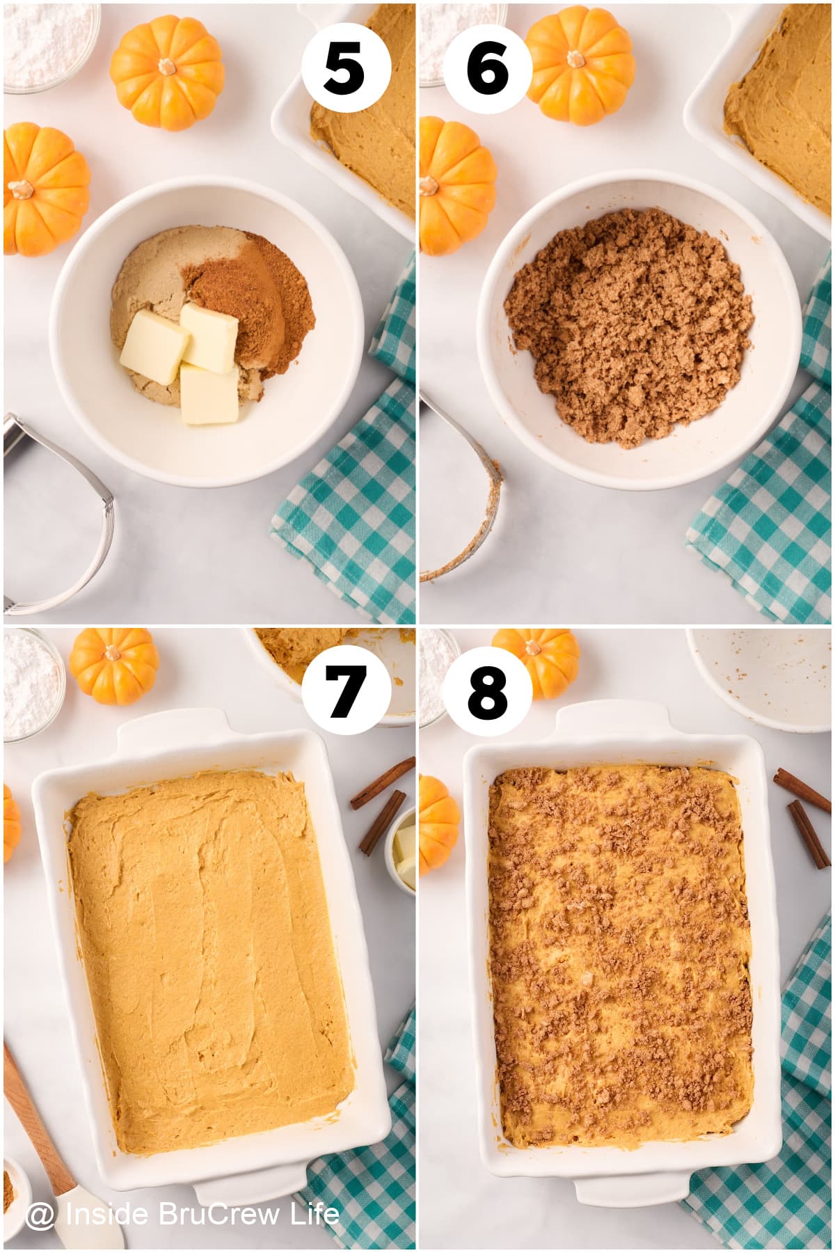 Four pictures collaged together showing to swirl cinnamon sugar into a pumpkin cake.