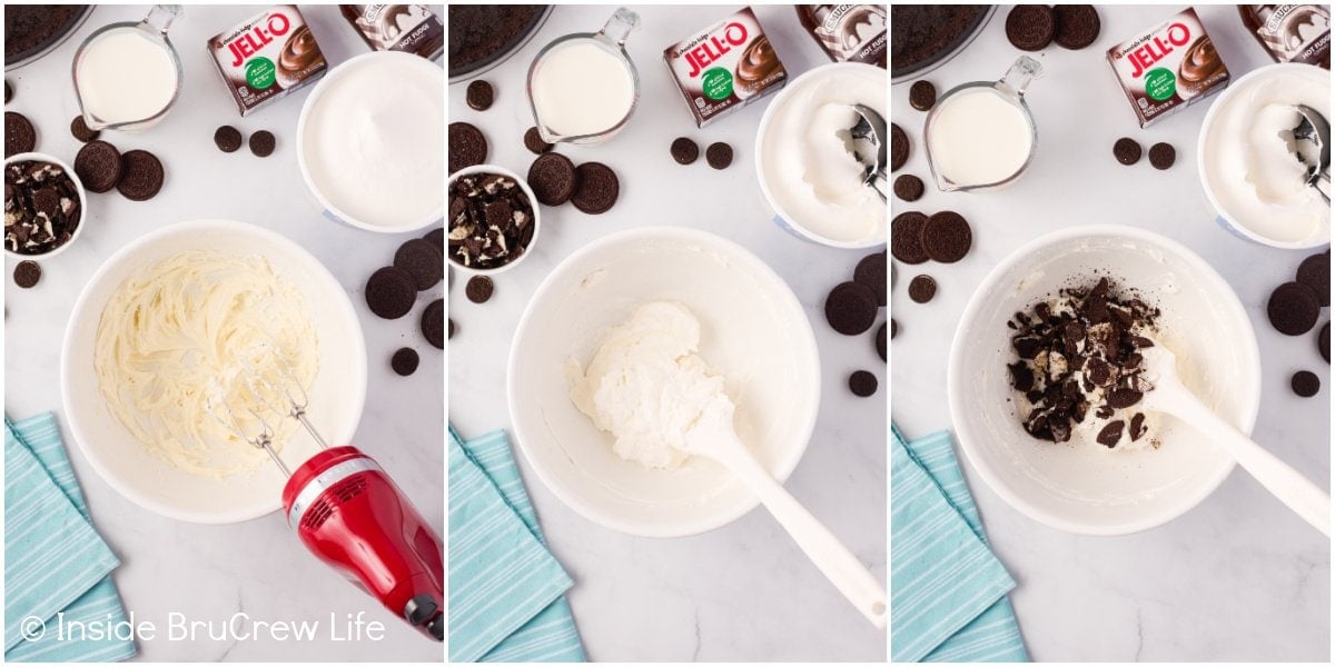 Three pictures collaged together showing how to make cream filling.